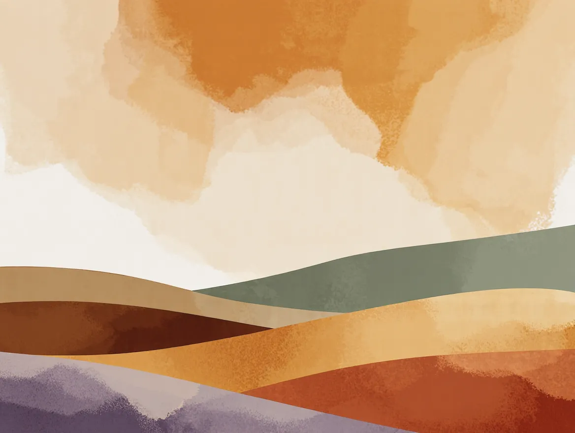 Abstract illustration of twilight, moon, botanical shapes, and a nourishing bowl — sleep and evening nutrition in calm earth tones