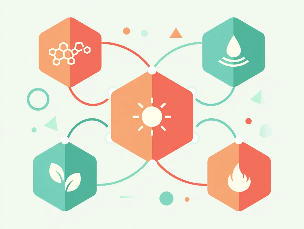 Abstract diagram showing interconnected nutrients and natural elements associated with balanced well-being